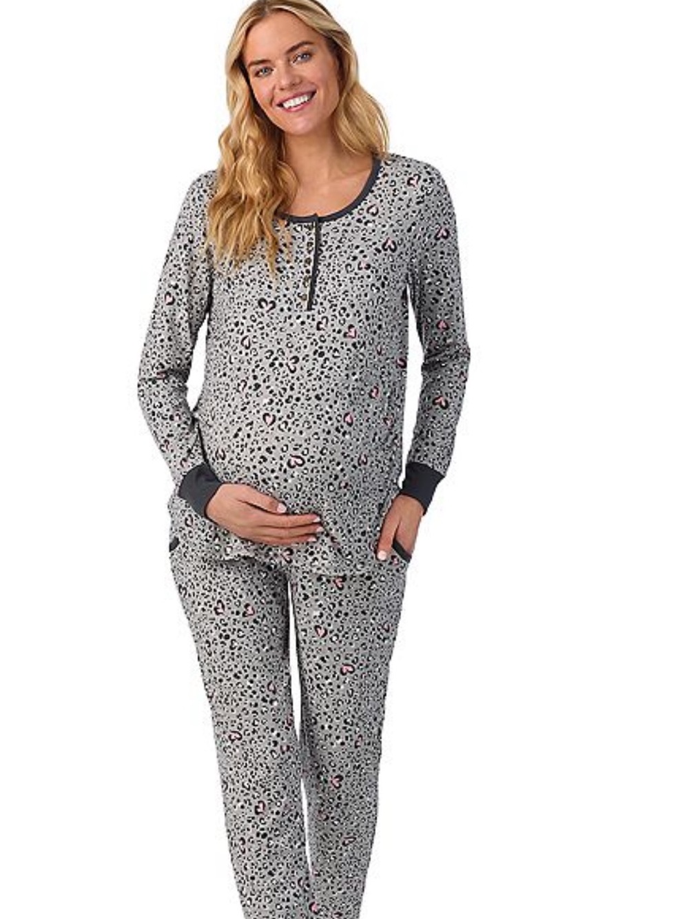 Cuddl Duds Gray Leopard Maternity Pajama Set with Pink Accents